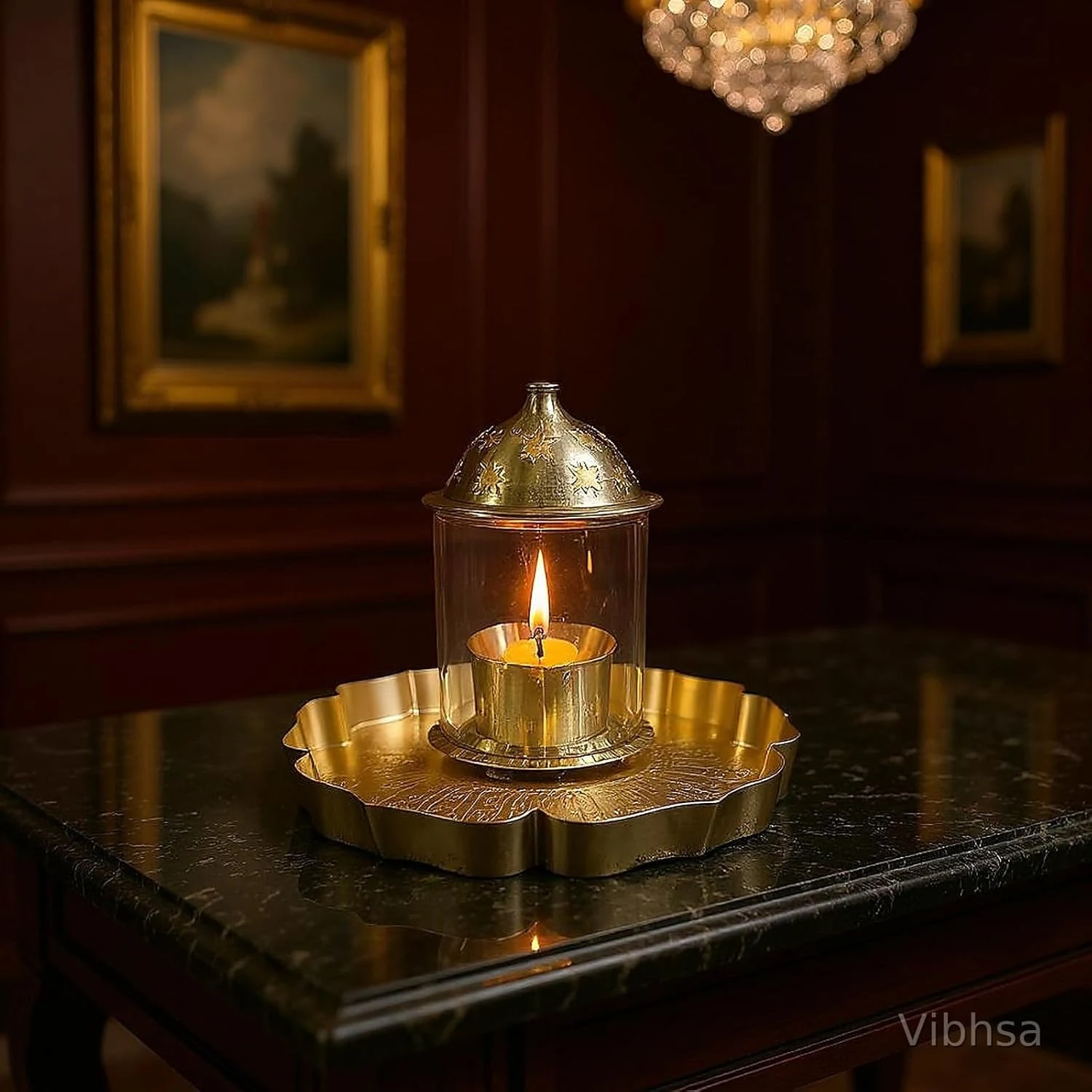 Vibhsa brass candle lantern with embossed floral tray