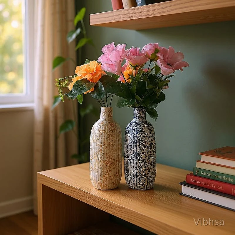 Vibhsa ribbed ceramic vases styled with flowers beside a window